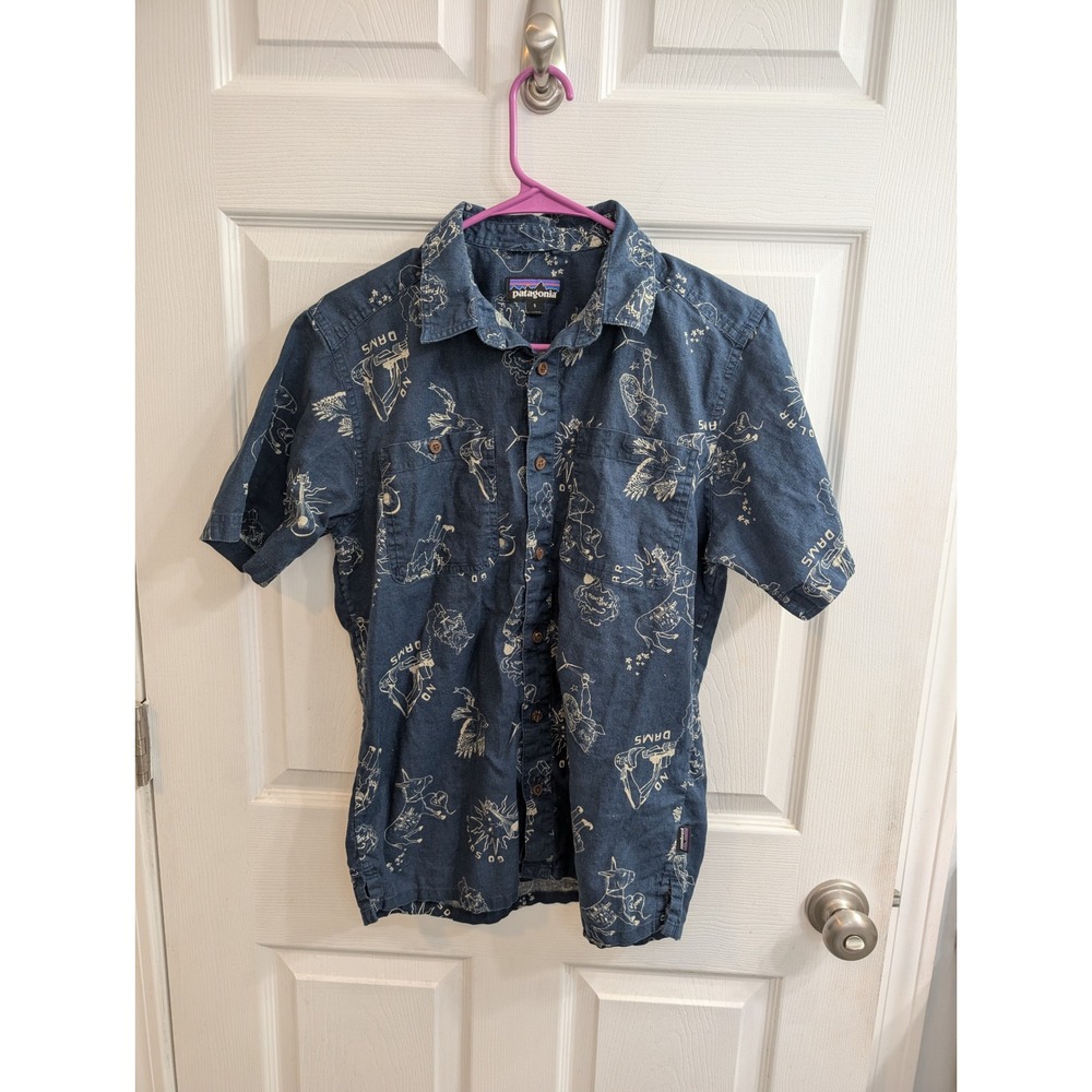 Patagonia Mens Blue Organic‎ Cotton Hemp Solar Print Short Sleeve Shirt - Size S